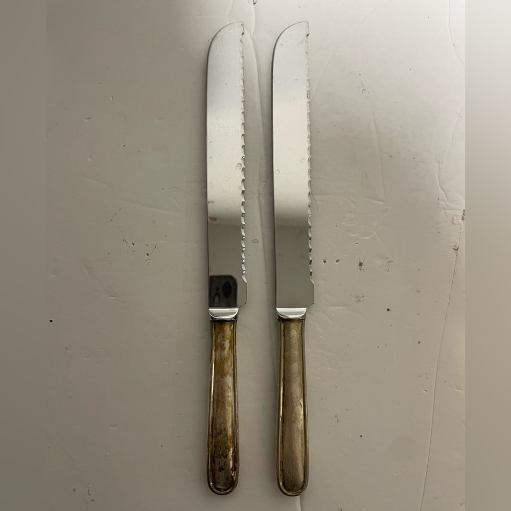 Vintage Calegaro Italy Serrated Bread Knives Set of 2 Silverplate Stainless MCM